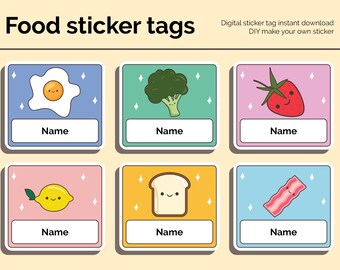 Cute sticker Labels - Cute Daycare Labels - Cute DIY Labels - Cute Kids Name Labels - Food Pack #1 - Set of 12 stickers - Digital Download