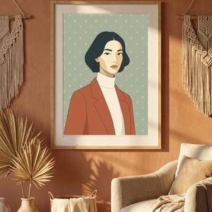 May include: A framed digital illustration of a person with dark hair, wearing a rust-colored blazer over a white turtleneck sweater. The portrait is set against a light sage green background featuring a repeating white floral pattern.