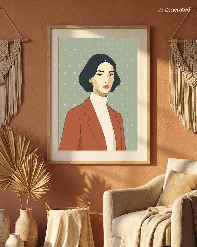 May include: A framed digital illustration of a person with dark hair, wearing a rust-colored blazer over a white turtleneck sweater. The portrait is set against a light sage green background featuring a repeating white floral pattern.