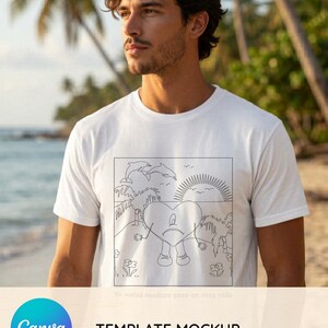 Puerto Rico Tropical Tshirt Mockup | 3 Printable Beach Palm Sunset Wall Art PNG | Tshirt mockup template Digital Download Decor Line Art Set