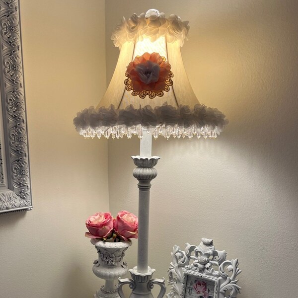 Tall White Lamp with Pink Floral Beaded Shade, Ornate, Shabby French