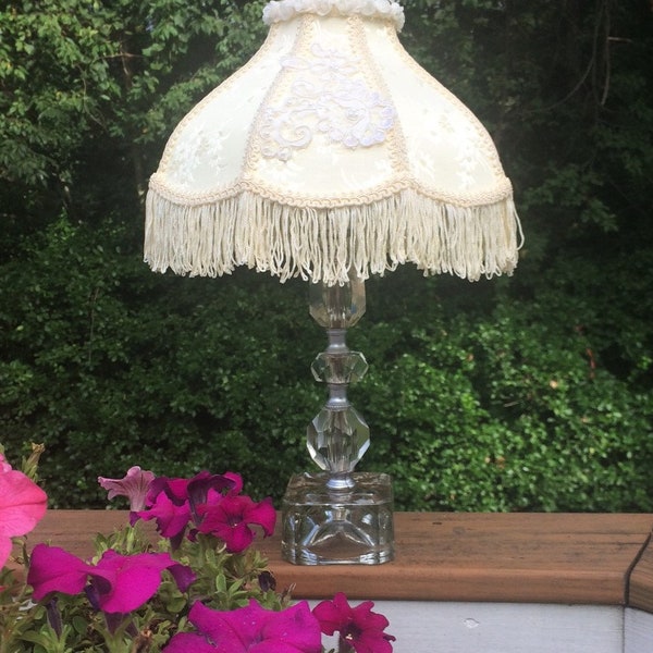 Small Vintage Glass Boudoir Lamp with Embellished Victorian Style Shade