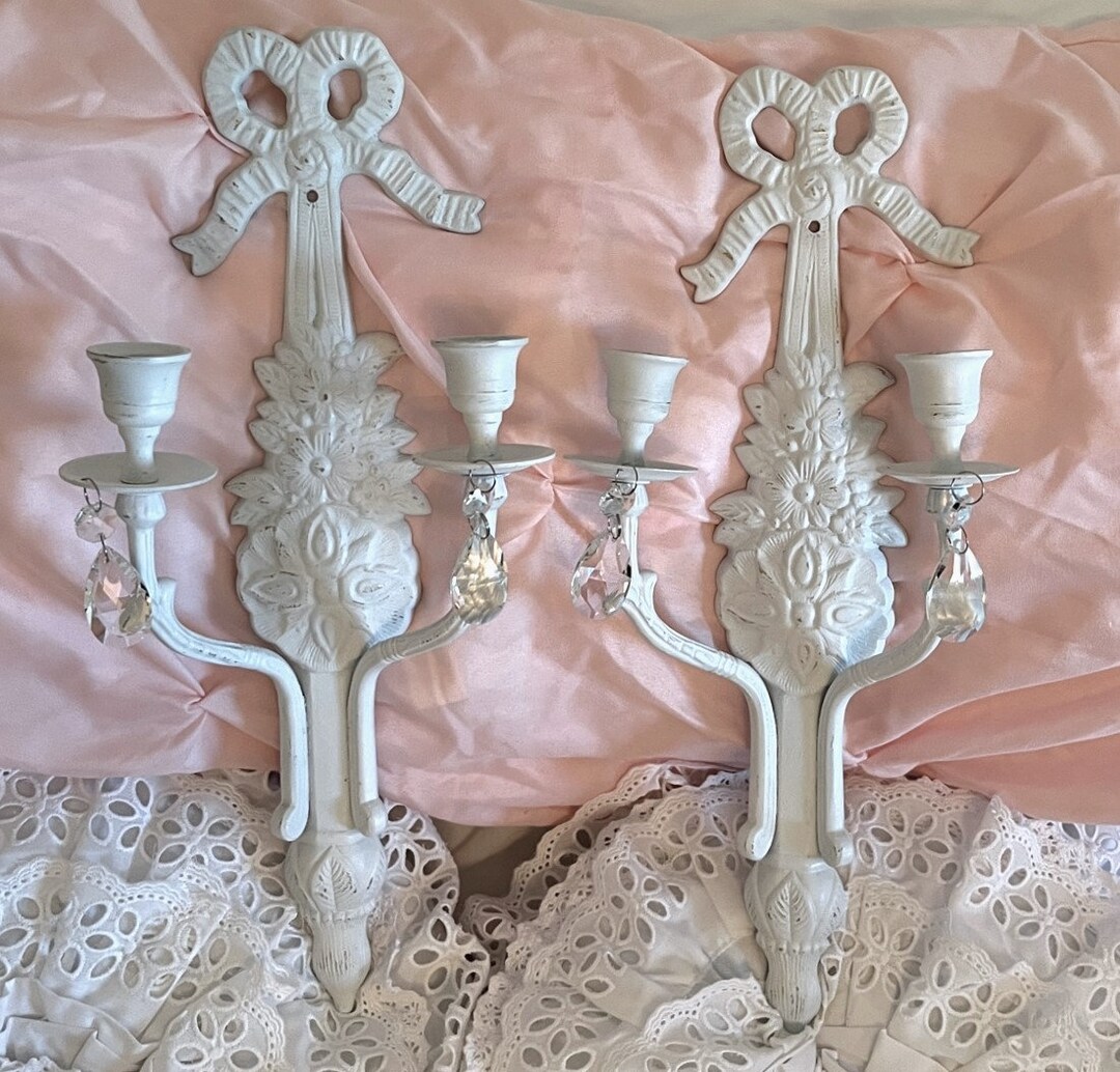 Pair of White Frenchstyle Candle Sconces With Crystals, Ornate Floral