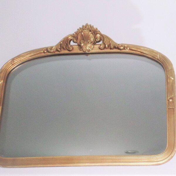 Vintage French Style Wood Mirror with Ornate Crest and Tassel Design- Shabby Chippy Victorian