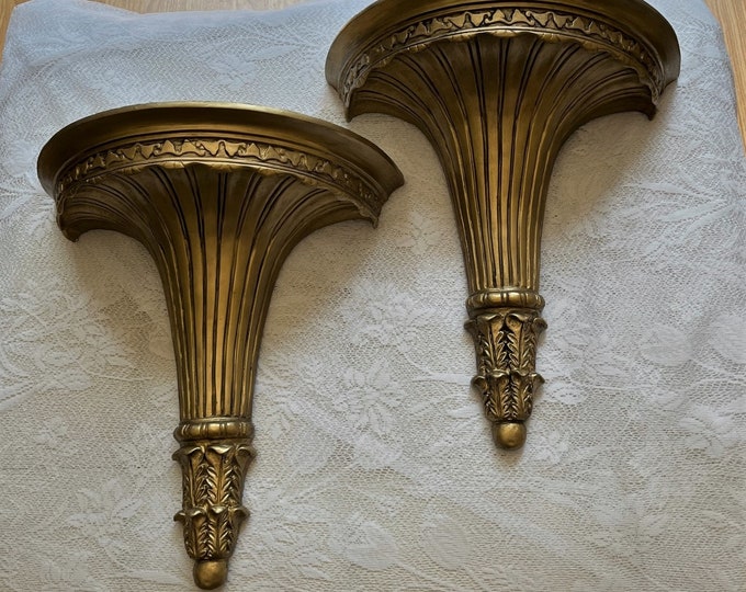 Pair of Large Aged Gold Wall Shelves With Plate Grooves, Ornate