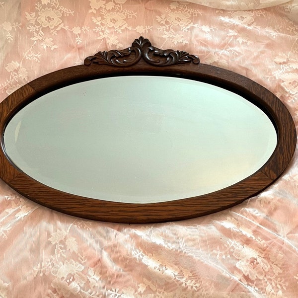 Antique Victorian Oval Wood Mirror with Scroll Top