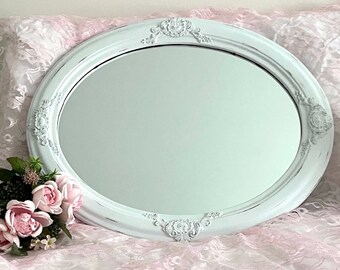 Ornate White Oval Mirror with Beautiful Details, Vintage Style