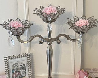 Tall Silver Candleholder with Crystals, Elegant Table Centerpiece