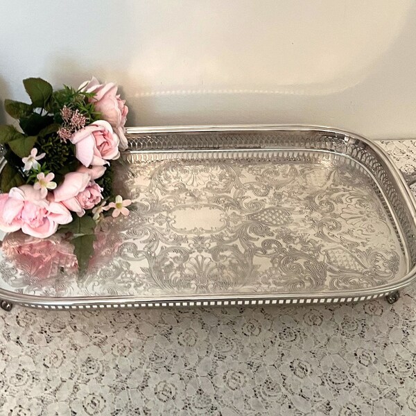 Stunning 2-Foot Long Silver Plate Tray with Handles and Feet, Ornate, Great Condition!