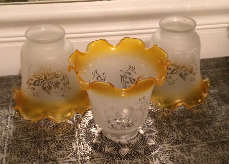 Set Of 3 Antique Victorian Etched Glass Lamp Shades Yellow And Frosted
