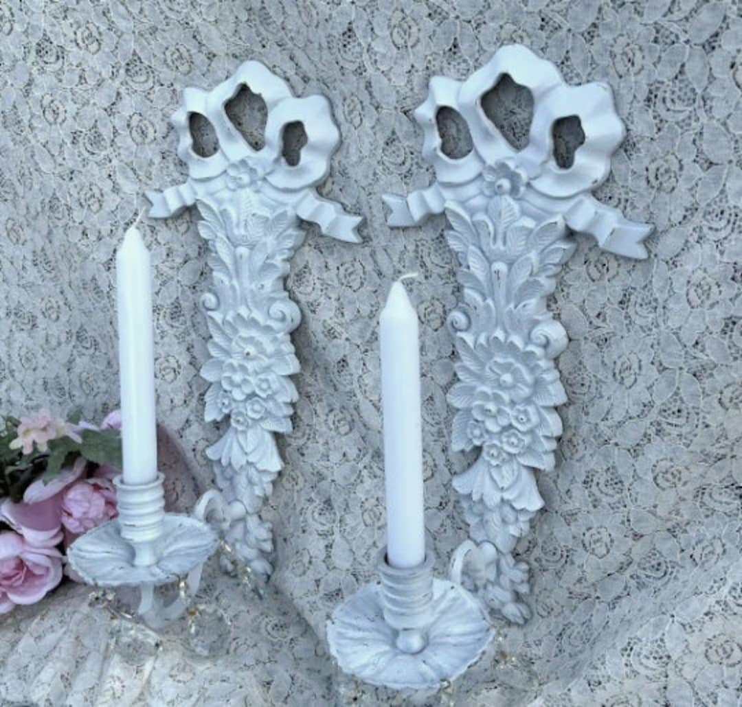 Pair of White Frenchstyle Candle Sconces With Crystals, Ribbon and