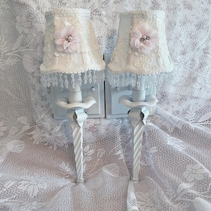 Pair of White Sconces with Beaded Floral Shades- Shabby Cottage Style