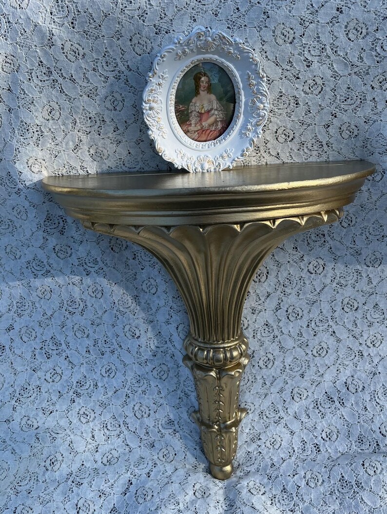 Pair of Extra Large Wall Shelves, Ornate Gold Shelves With Plate