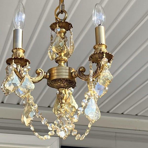Very Petite Gold Chandelier with Amber Prisms, Ornate Vintage Style Lighting