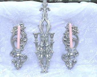 Set of 3 Silver Sconces, Vintage Plastic Homco and Burwood
