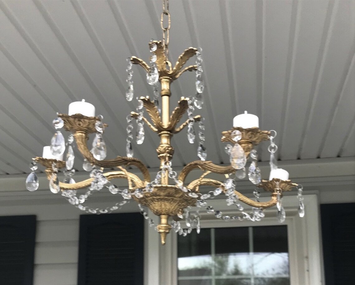 Vintage Spain Brass Chandelier with Crystals Converted for Etsy