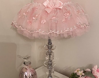 Small Glass Ball Lamp with Pink Frilly Lamp Shade, Shabby Kids Room / Nursery