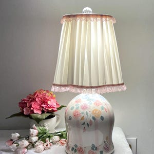 Floral Lamp with Pink Ruffled Shade, Cottage, Shabby Style Lighting