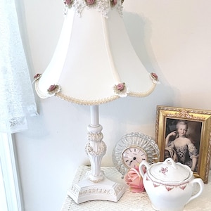 Small Ornate White Lamp with Rose and Lace Trimmed Lampshade