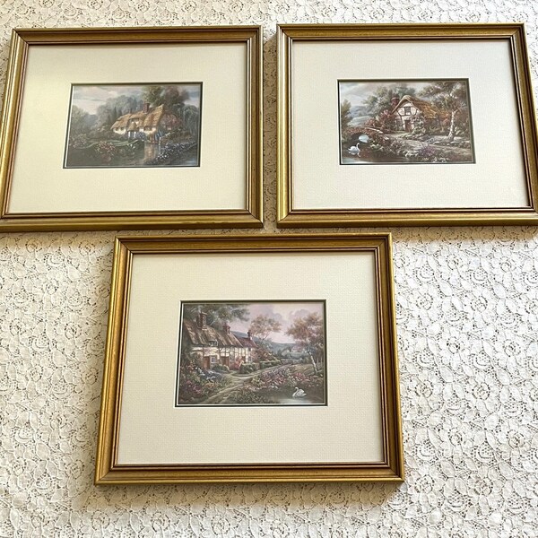 Set of 3 Small English Cottage Style Prints in Gold Wood Frames