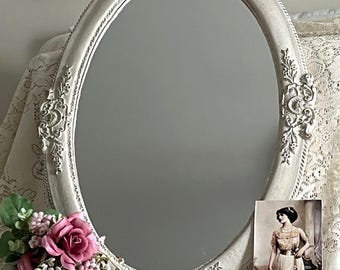 Vintage Style Oval Mirror in Antique White with Ornate Detailing