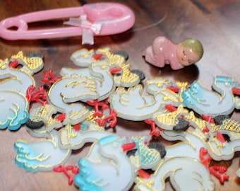 Misc Baby Shower/Party Decor - 14 Cupcake/Cake Toppers Plastic Storks w/Babies, Pink Safety/Diaper Pin, Yellow Blue Vintage Boy Girl