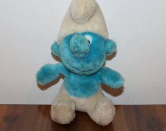 Smurfs Vintage Stuffed Animal, Peyo 1980, Collectible Plush Toy, Smurfs, Blue, White, 9" tall, Wallace Berrie & Co. Inc., Nursery Decor