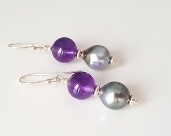 Delicate pearl earrings Tahitian pearls with 925 sterling silver and amethyst