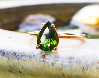 Tourmaline ring gemstone ring gold ring engagement ring rose gold | green tourmaline | teardrop | stacking ring | stackable ring