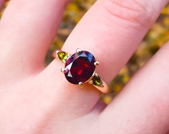 Garnet ring gold ring tourmaline "Fleur" red garnet & green tourmaline tourmaline ring statement ring