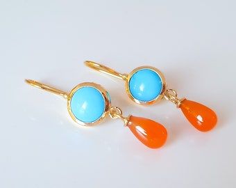 Gemstone earrings 750 gold turquoise & carnelian | Turquoise earrings | Gold earrings | Statement earrings