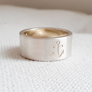 Men&#39;s ring - Wide silver ring silky matt with anchor 925 sterling silver 10 mm wide