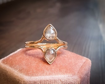 Bague Ancienne En Or 18k Type "Toi Et Moi" Avec Diamants - Taille 54, Coupe Rose, Style Fiançailles/vintage