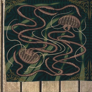May include: A dark green square fabric with a repeating pattern of stylized jellyfish and seaweed. The jellyfish are brown and have a detailed design. The seaweed is a light green and has a flowing design.