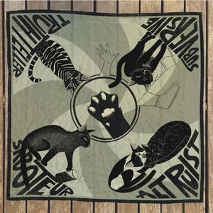 Purrotest Kitties Scarf in Satin or Silk, Cats of the Resistance Unite, Linocut Social Justice Poster style in black, white & gray