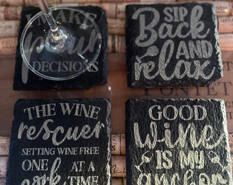 Wine quips/sayings engraved slate coasters set of 4 with display stand