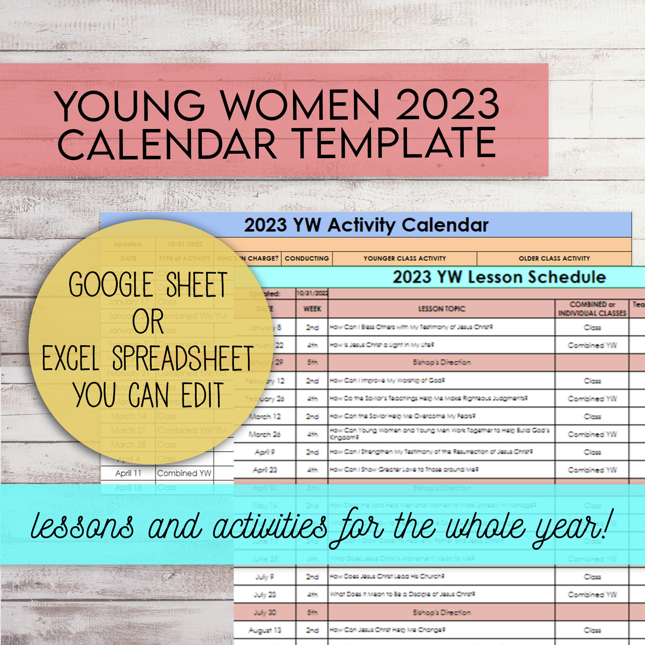 LDS Young Women Activity and Lesson Calendar Template for Etsy