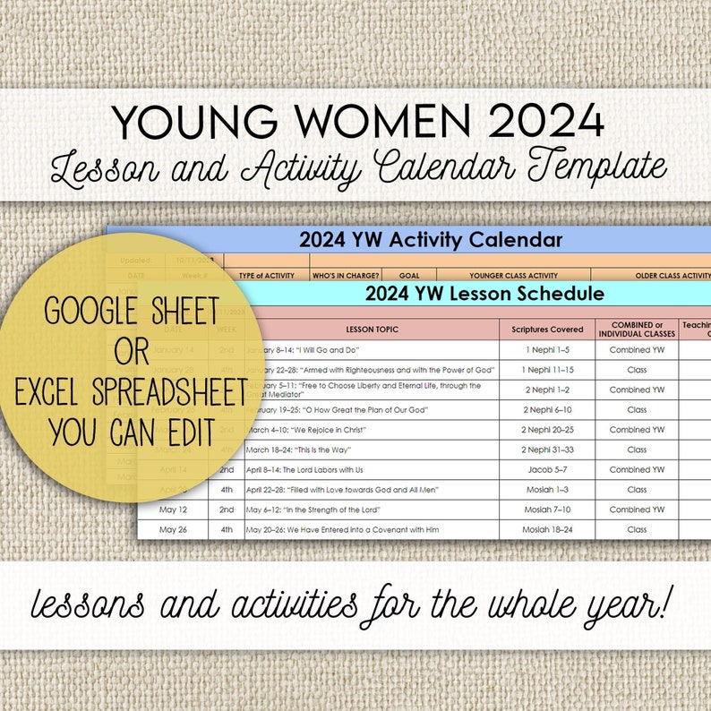 Young Women Activity and Lesson Calendar Planner 2024, YW Activity