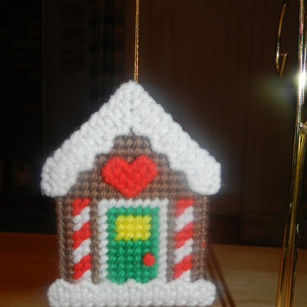 Gingerbread House Christmas Ornament or Magnet -Hand stitched Plastic Canvas