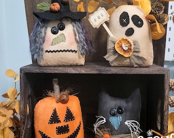 PATTERN - FALL FRIENDS Sitters - Digital Pattern - Primitive Ghost, Pumpkin, Black Cat & Witch, Autumn Handmade Dolls Decor
