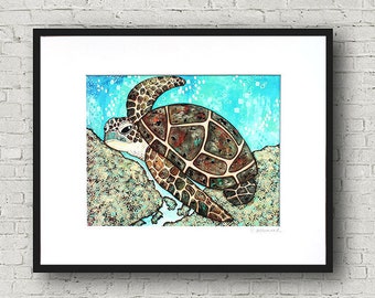 SWIMMING ALONG Sea Turtle Print, Mixed Media, Ocean Love, Wall Decor, Sealife Animal Abstract, Colorful Nursery Art, Children's Room