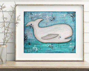 White Whale Art Print, Mixed Media, Coastal, Underwater Love, Wall Decor, Sea Life, Ocean, Nursery Art, Children's Room, Nautical