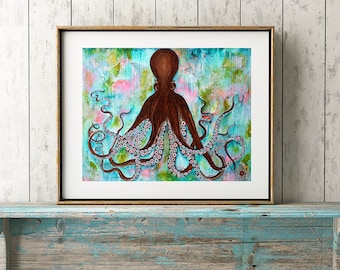 Octopus Art Print, Mixed Media, Coastal, Underwater Love, Wall Decor, Sea Life, Ocean, Nursery Art, Boy's Room, Nautical