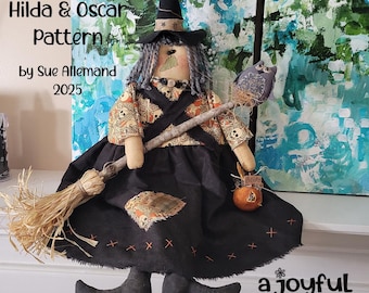 PATTERN - HILDA and OSCAR - Digital Sewing Pattern - Primitive Witch with her Owl, Autumn Fall Handmade Doll with Dried Orange Prim