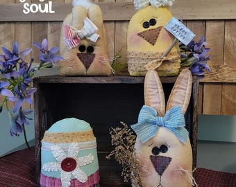 PATTERN - SPRING FRIEND Sitters - Digital - Primitive Bunnies, Chick and Easter Egg Sewing Instructions