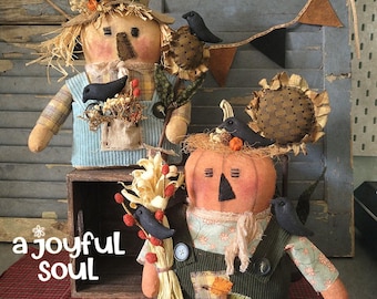 PATTERN - FRIENDS of CROWS - Primitive Scarecrow & Pumpkin Dolls E-Pattern - Stuffed Crows, Fall Autumn Decor