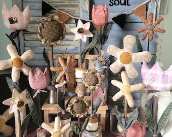PATTERN - PRIM FLOWERS - "Quick Prims", Primitive Daisies, Tulips, Daffodils, Sunflowers & Black-Eyed Susans, Instant Download