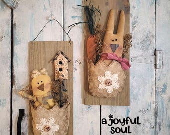 PATTERN - "Spring Egg Planks" - Primitive Bunny and Chick on Wood, Sewing EPatterns