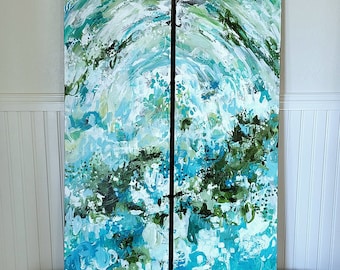 Large Abstract Painting, Diptych, Standing in Motion, Blues and Greens, Acrylic, Garden Inspired, Original Art Gallery, Interior Decor