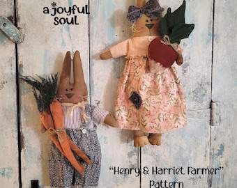 PATTERN - "Henry and Harriet Farmer" - Primitive Bunny Dolls with Carrots Radish, Sewing EPatterns